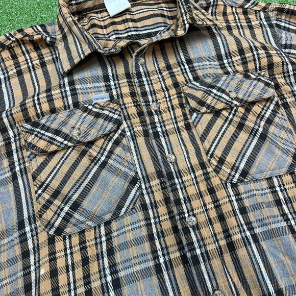 VTG Carhartt Loose Fit Heavy Flannel XL Yellow Gray Plaid Distressed Wrists - Picture 2 of 7